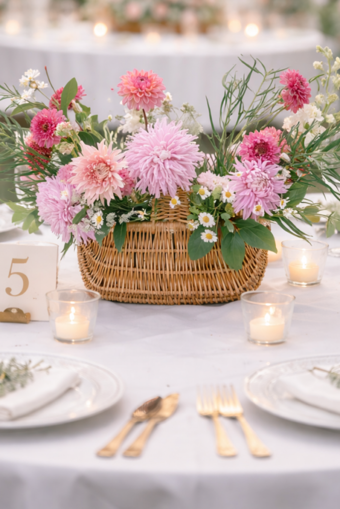 Pretty and abundant foam-free wedding basket flower arrangement featuring locally grown British flowers, perfect for eco-friendly / sustainable weddings.