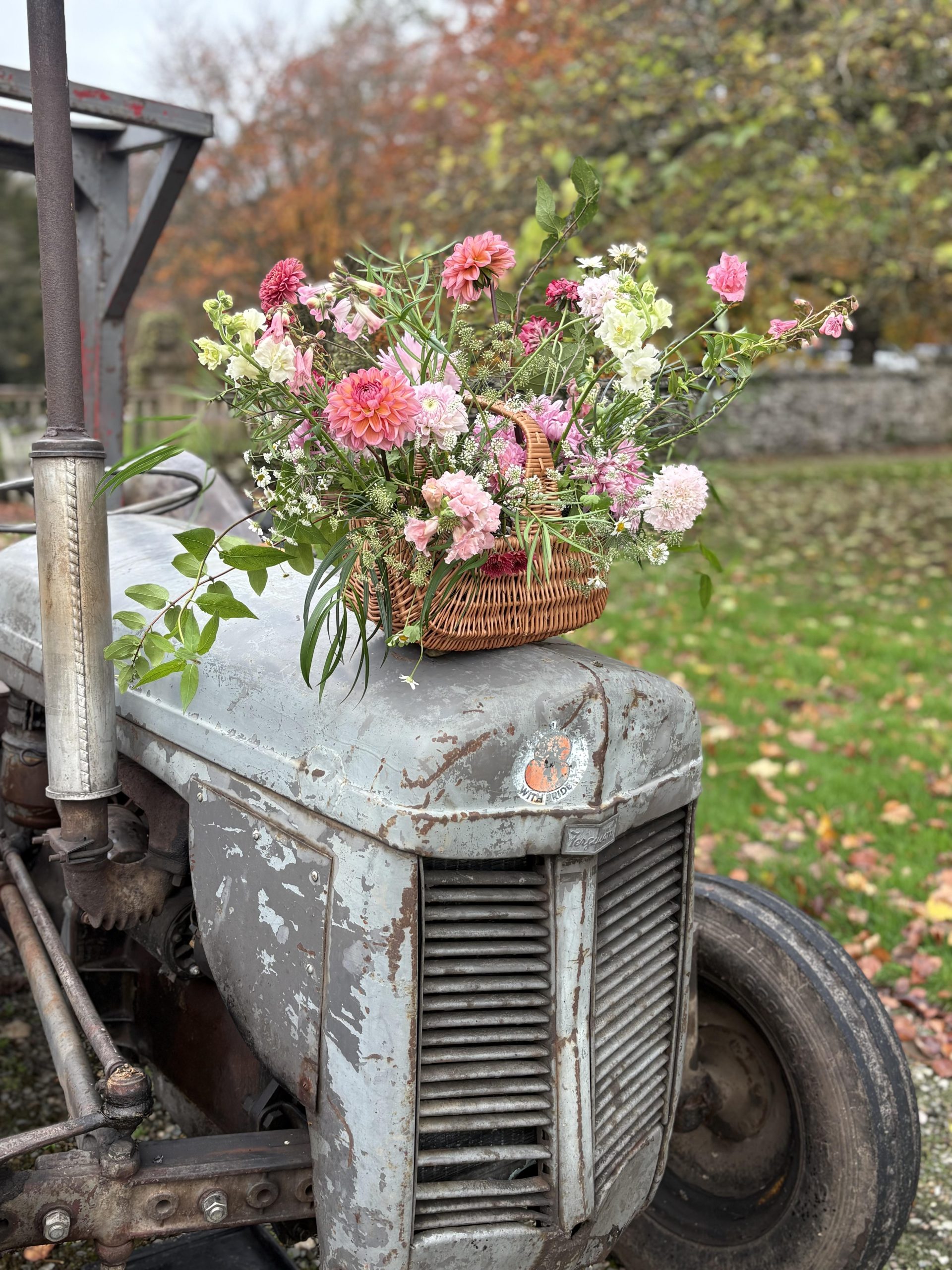 Pretty and abundant foam-free wedding basket flower arrangement featuring locally grown British flowers sits on a vintage tractor, perfect for sustainable and rustic weddings